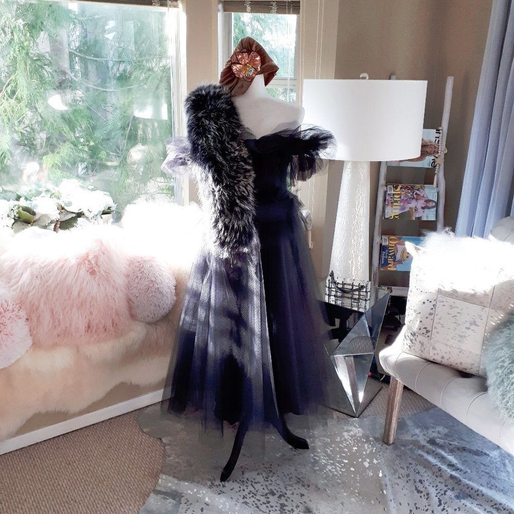 NWOT Imperial Maska Mode black tulle organza tiered ruffle long holiday dress, M - Picture 5 of 15